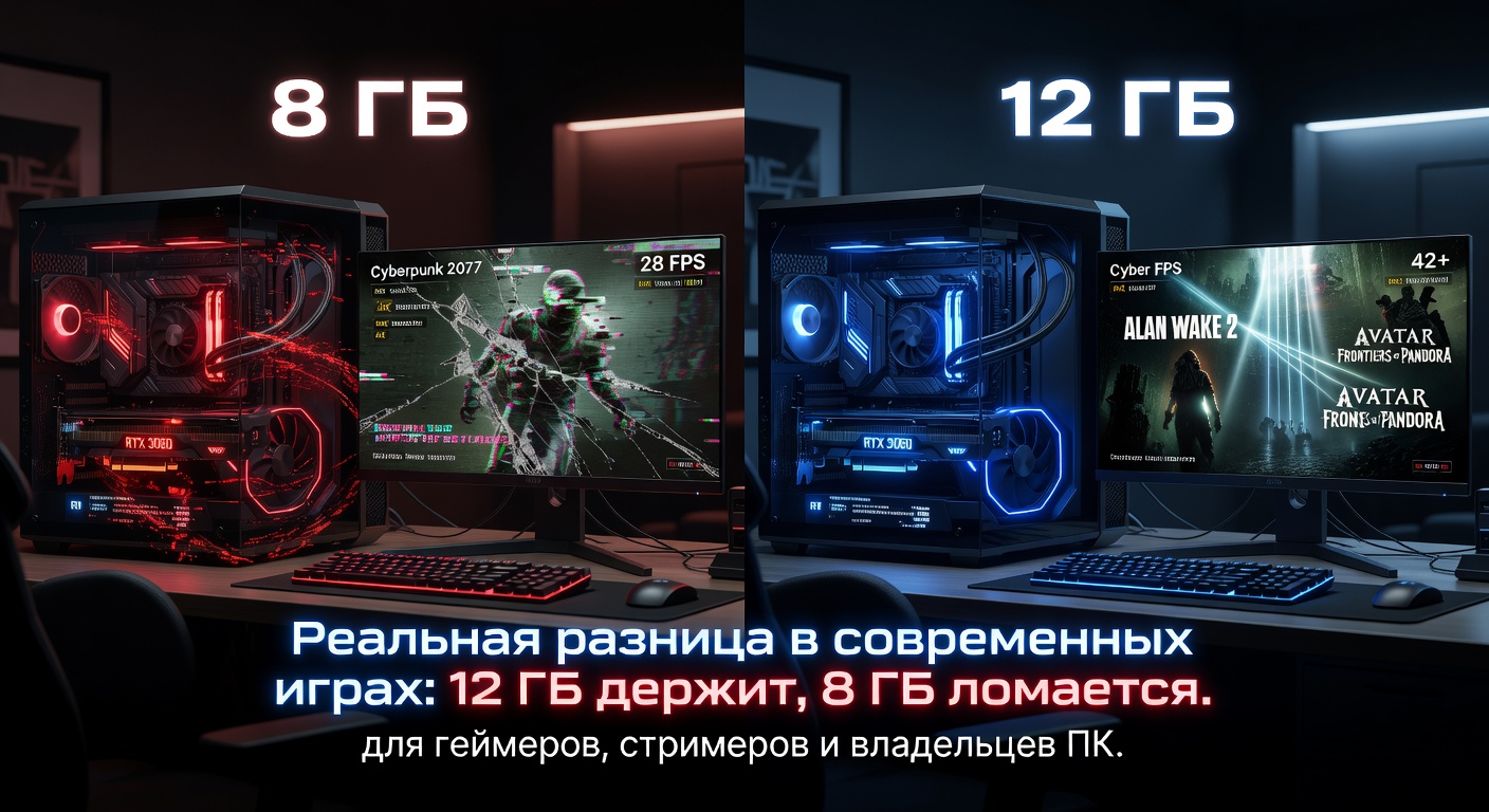 Видеокарта 12 ГБ vs 8 ГБ: реальная разница в современных играх — разбор для геймеров, стримеров и владельцев ПК